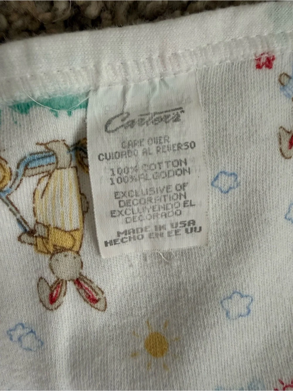 Vintage Carter's White Baby Blanket with Bunny and Pastel Prints